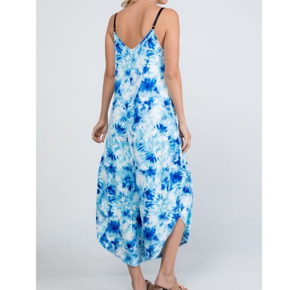 Tie Dye Blue/White V-Neck Jumpsuit with Pockets - Picture 3 of 7